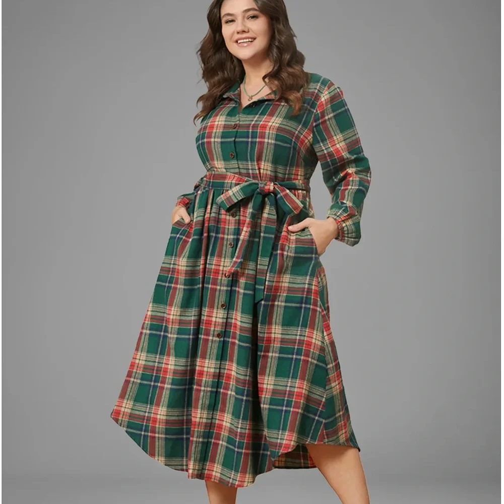 Bloomchic‎ Dress Womens US 26 Multicolor Plaid Midi  Long Sleeve Arc Hem Pockets - Picture 2 of 11